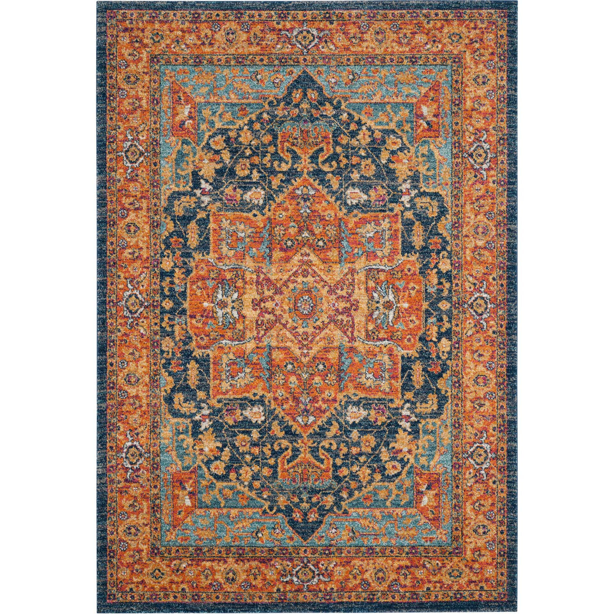 Burnt orange floral motifs illuminate a navy ground, with turquoise flourishes and an ornate border.