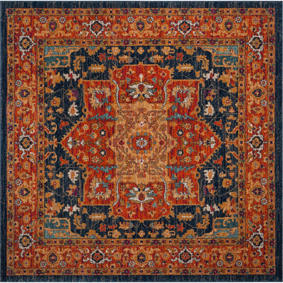 A square orange-and-blue rug features a bold medallion framed by an intricate floral border.