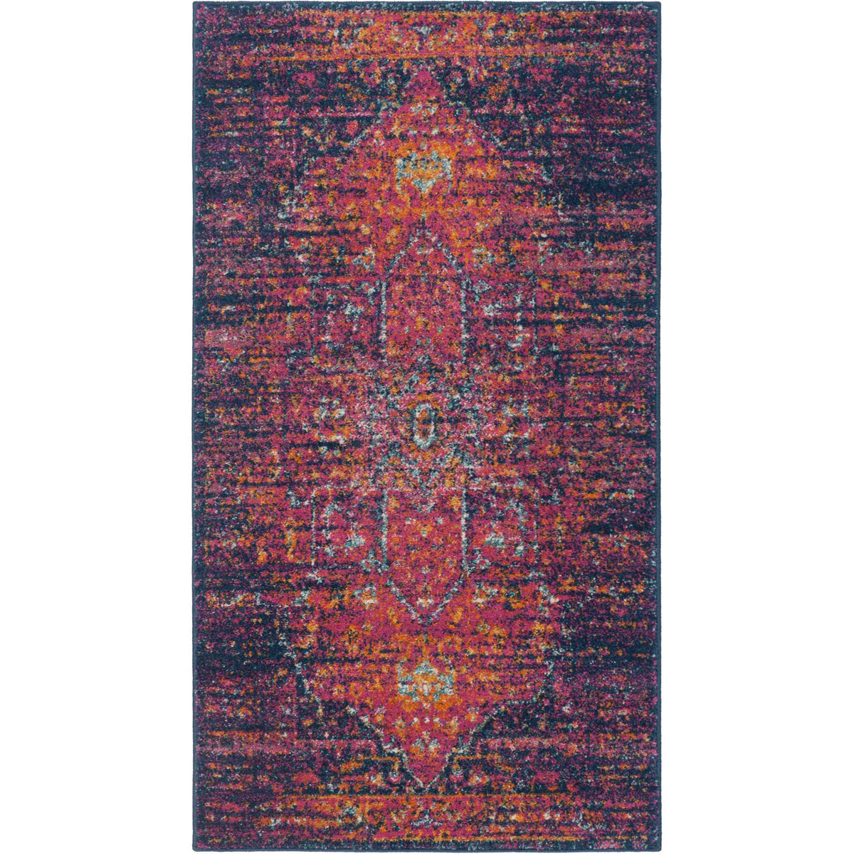 A petite accent rug pairs a jewel-toned medallion with a dark blue, softly distressed field.