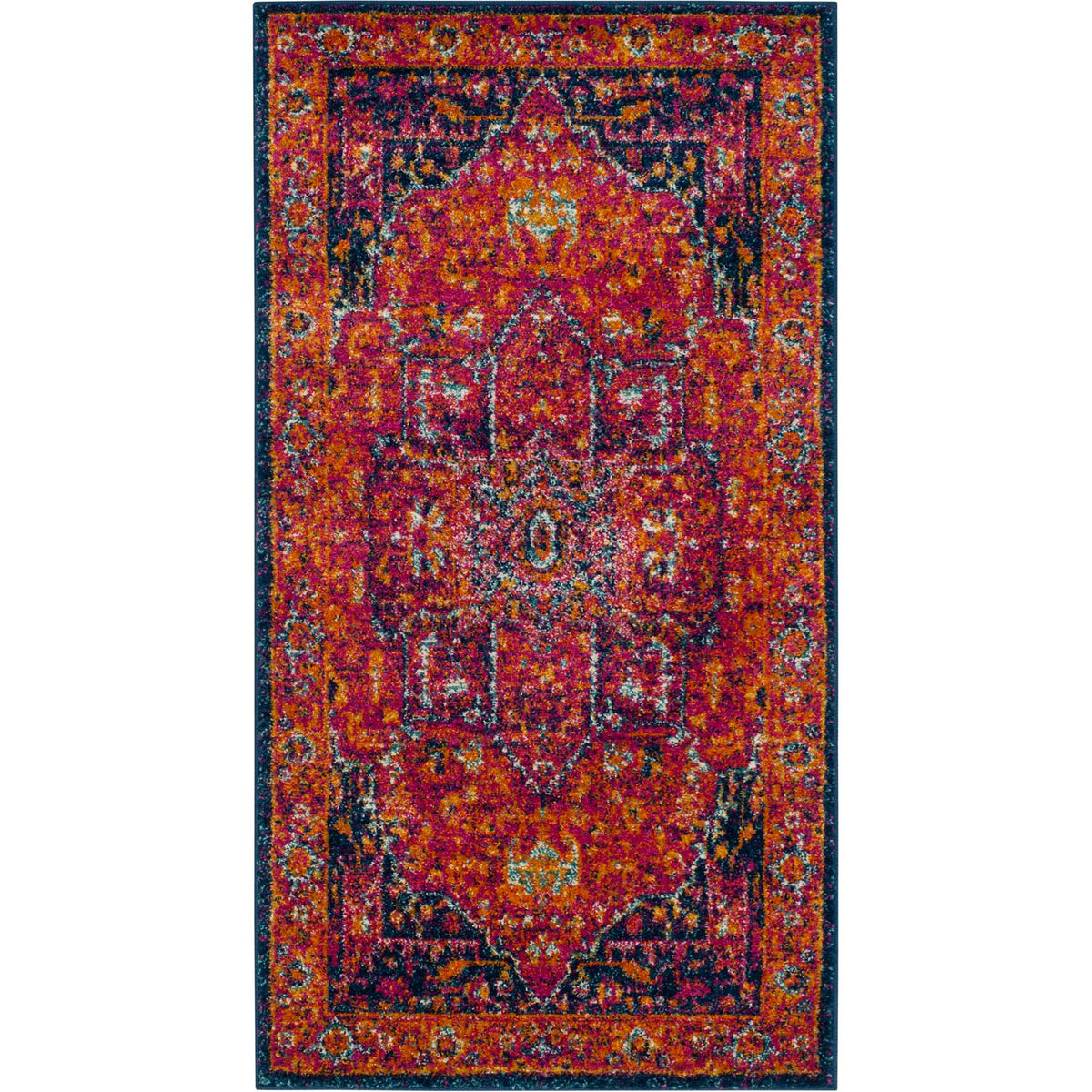 An accent-sized rug sets an intricate fuchsia medallion against orange and dark blue accents.