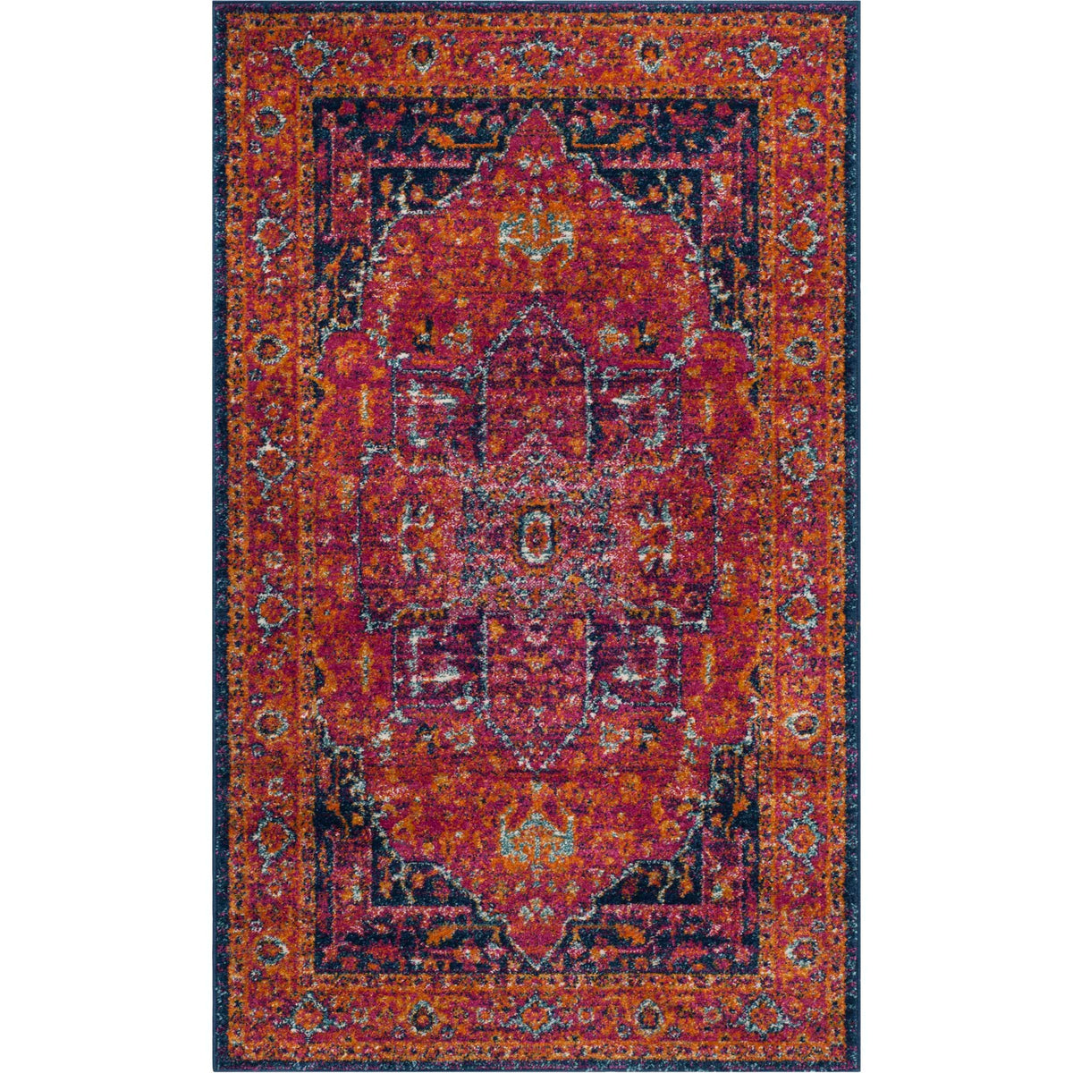 Fuchsia and orange floral motifs fill a compact rug, framed by a deep navy patterned border.