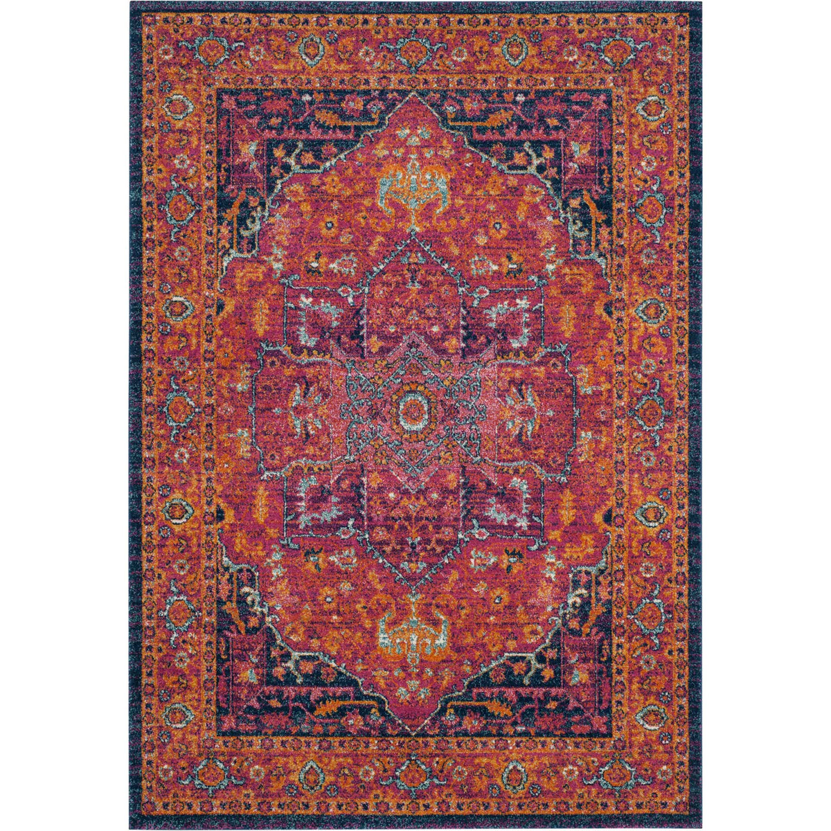 An ornate fuchsia medallion and warm orange field make a lively statement inside a patterned border.