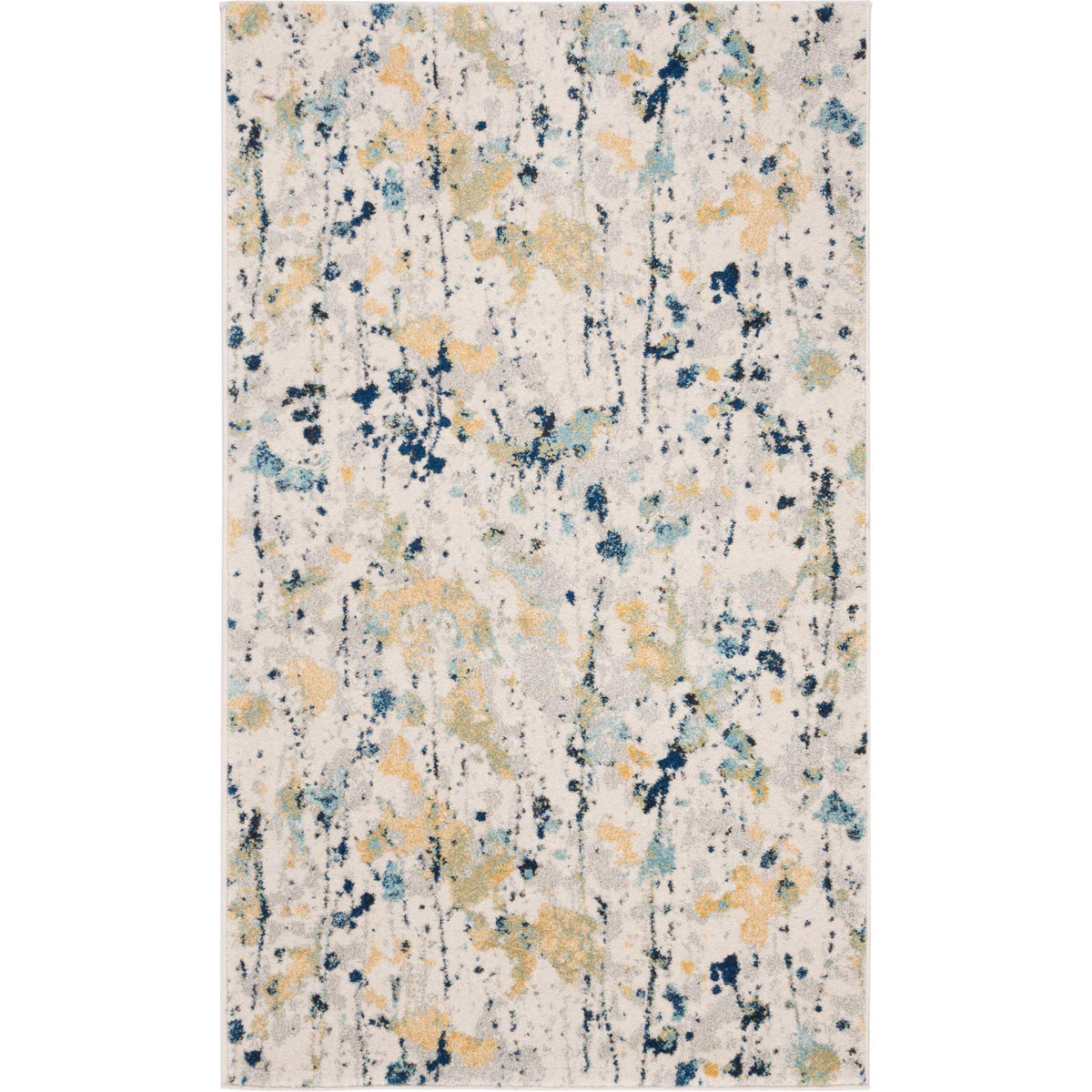 Soft ivory rug accented with sunny yellow dabs and deep blue flecks