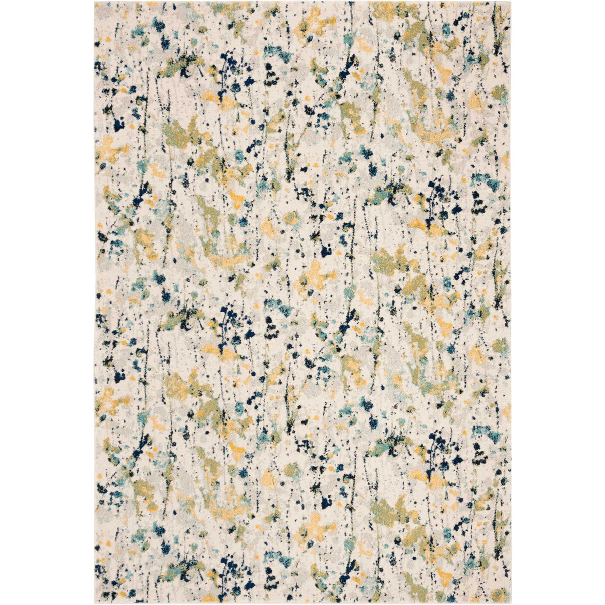 Golden yellow brushstrokes and navy speckles enliven an ivory rectangular rug