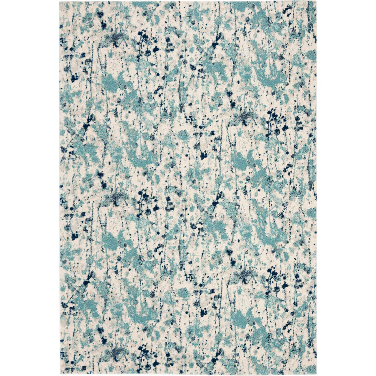 Painterly aqua and navy markings drift across an ivory rectangular rug