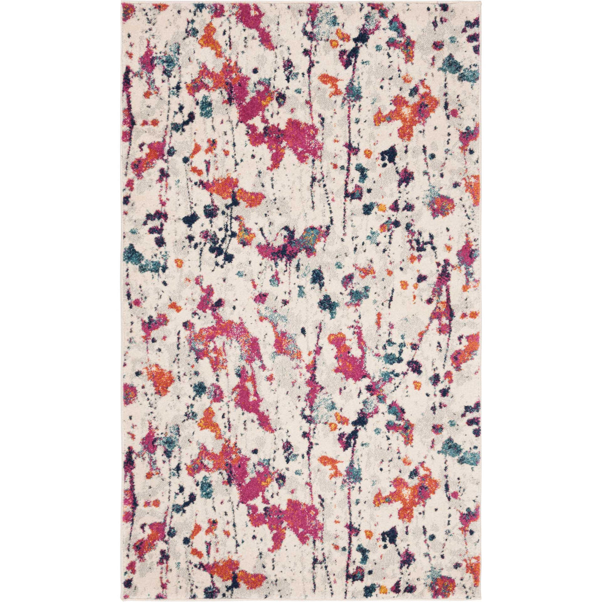 Compact ivory rug brightened by painterly pink, coral, and deep blue marks