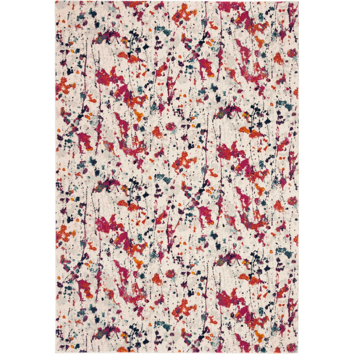 Ivory rug layered with magenta swirls, orange splashes, and scattered teal flecks
