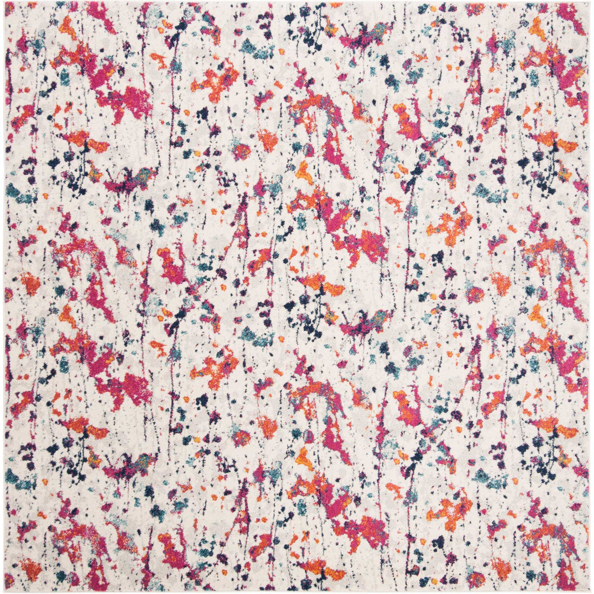 Square ivory rug bursts with pink, orange, and navy splashes in a lively abstract design