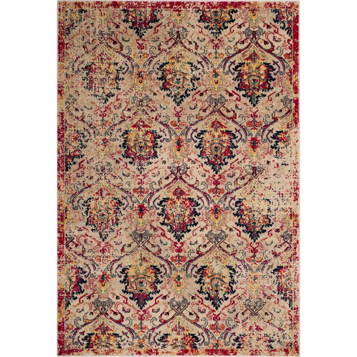 An ivory area rug features ornate floral motifs in fuchsia, navy, and gold with a detailed border