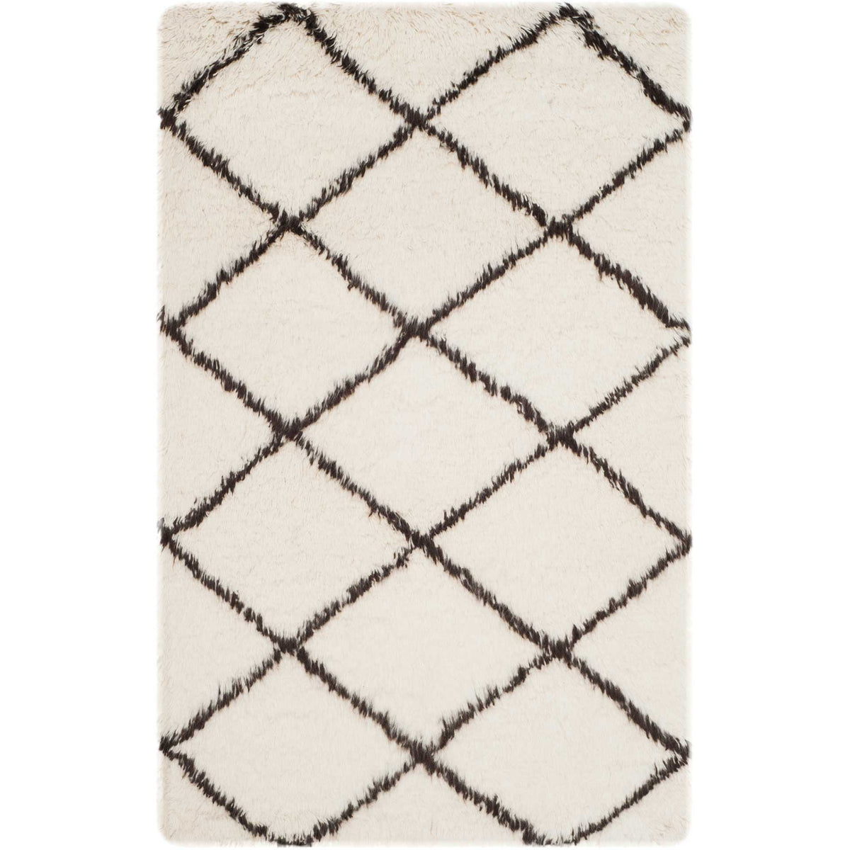 Wide brown diamonds cross soft ivory wool shag, adding graphic appeal to a compact rug