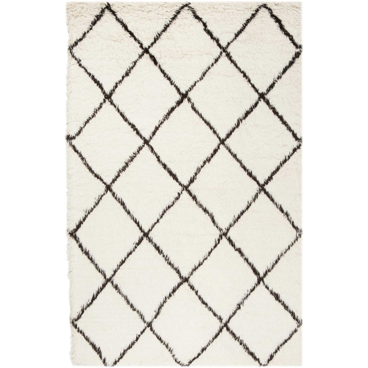 Ivory shag pile softens bold brown trellis lines on this cozy rectangular wool rug