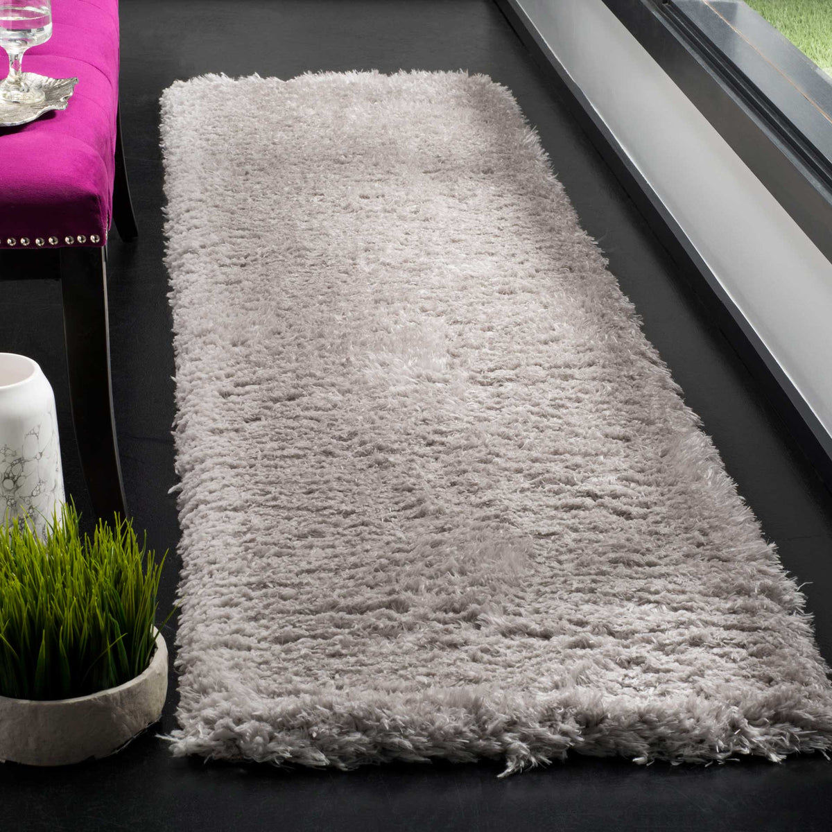 Deep silver shag pile brings inviting texture to a long, narrow runner