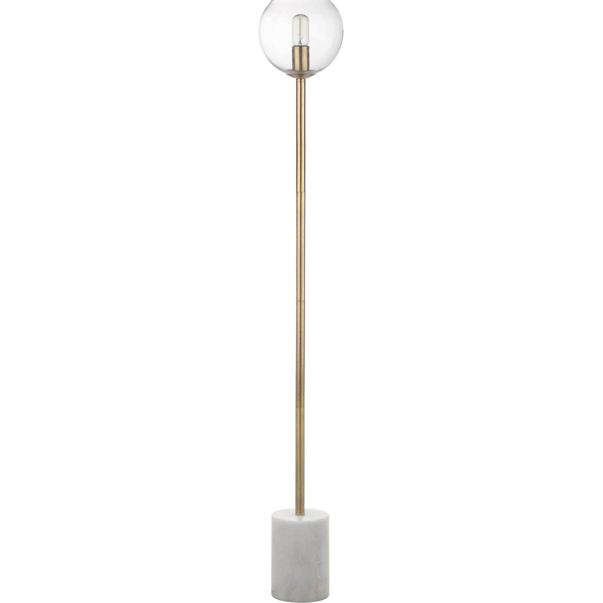 A clear glass globe and slender gold stem rise from a cylindrical white marble base || FLL4002A || detail_studio