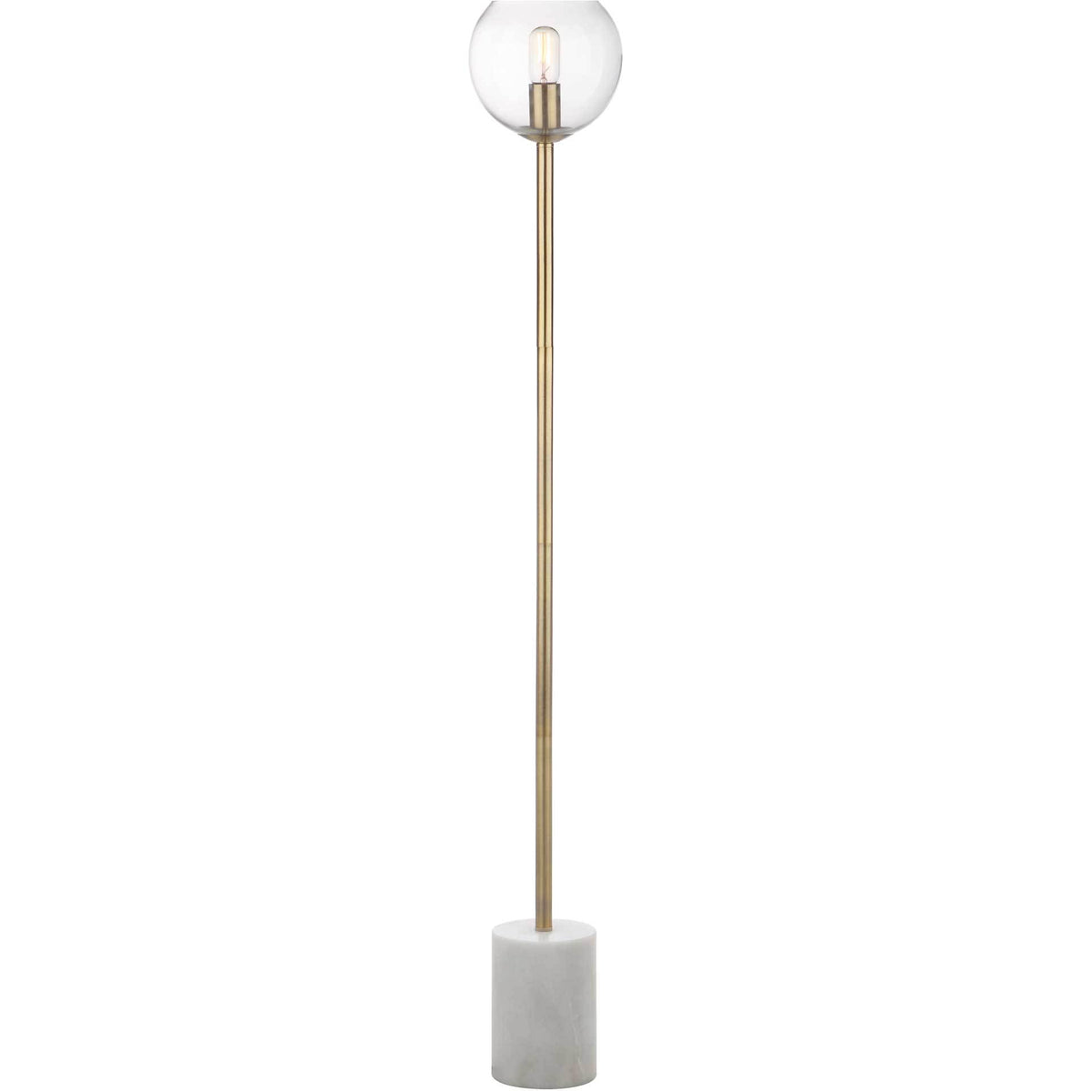 A warm bulb glows inside a clear globe above a slim gold stem and white marble base || FLL4002A || detail_studio