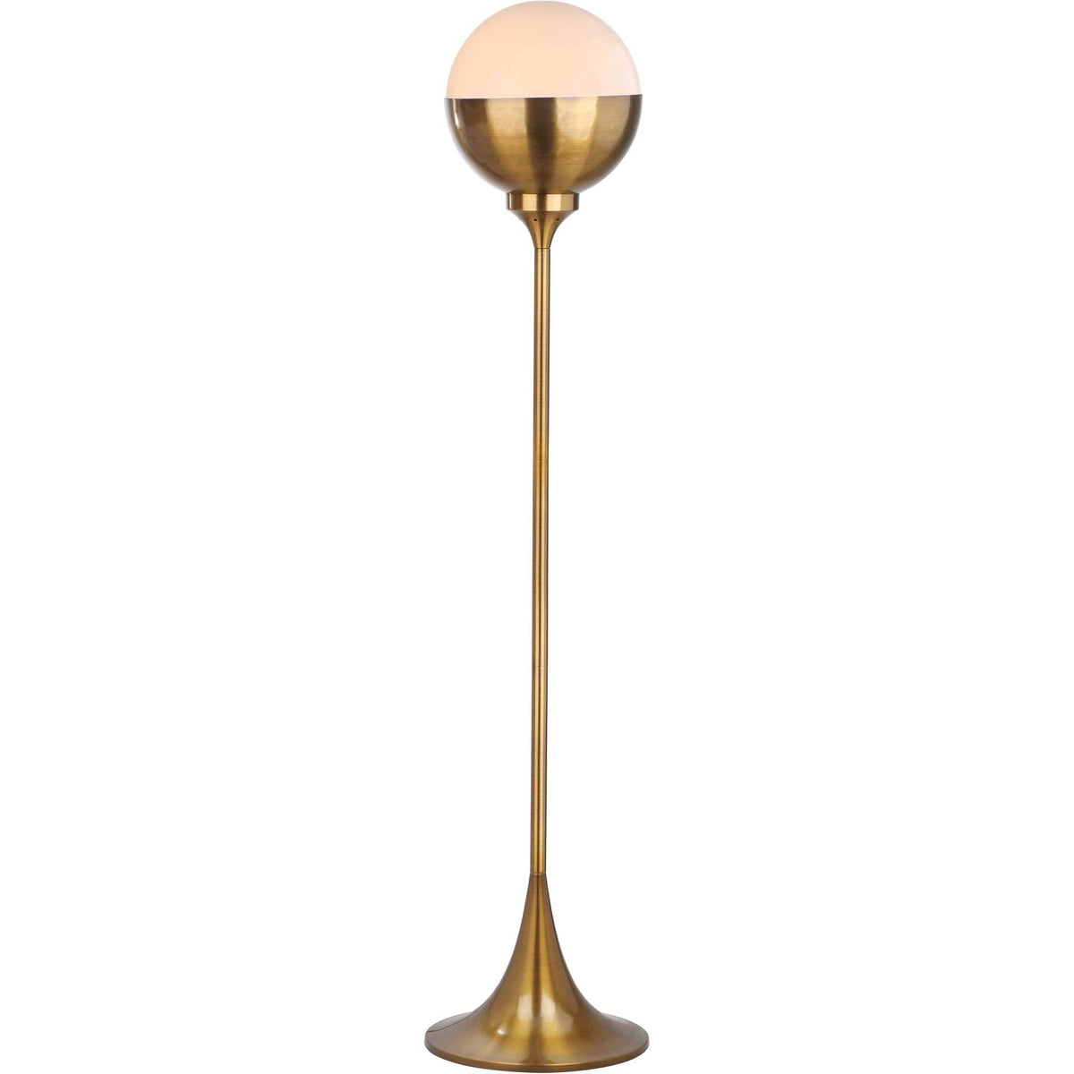 A glowing dome crowns the brass-finish floor lamp's slim stem and flared round base.