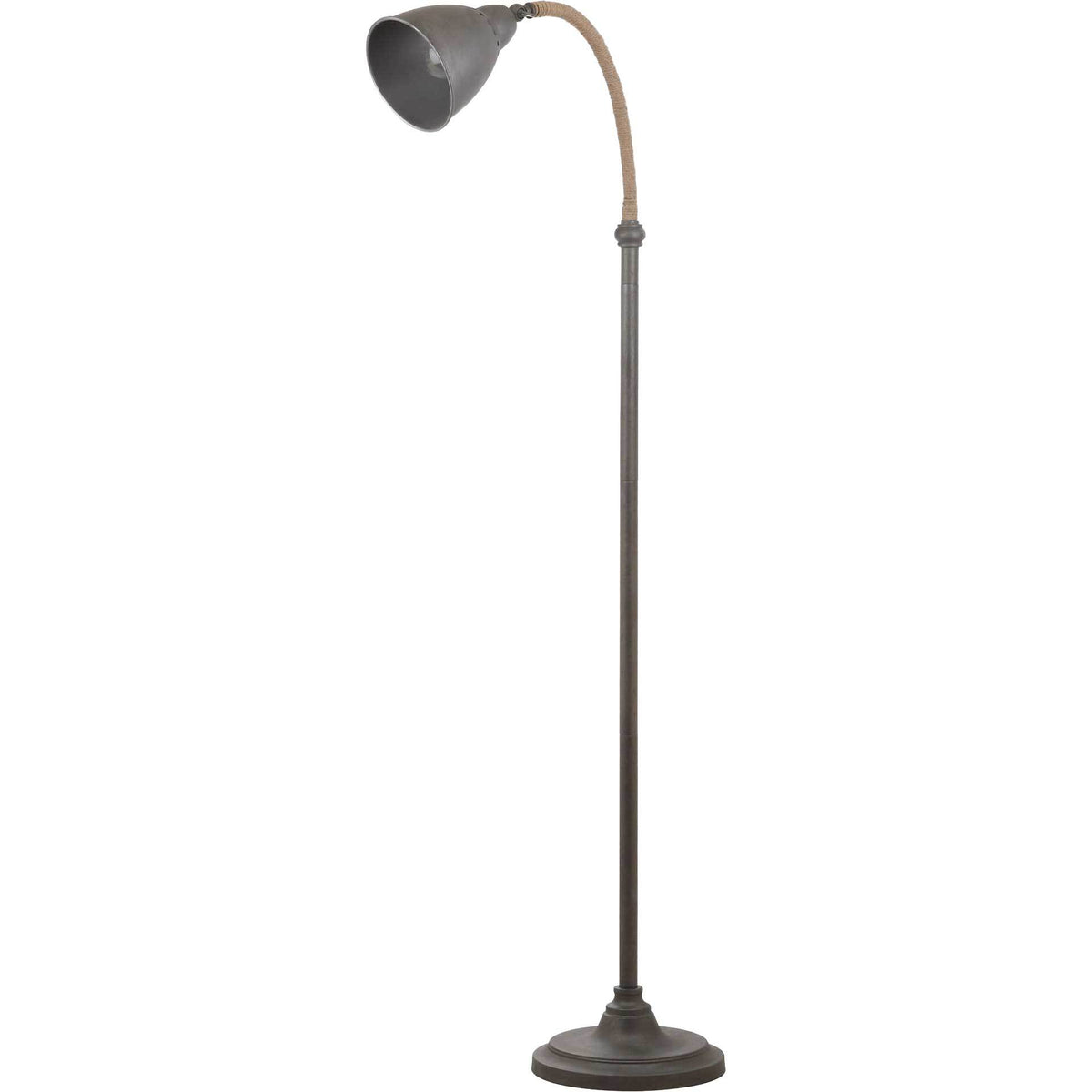 Gray floor lamp pairs a downturned metal shade with a curved rope neck and round iron base || FLL4011A || front_studio