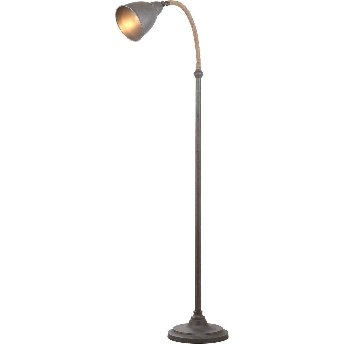Warm light glows from the gray metal shade of this floor lamp with a curved rope neck and round base || FLL4011A || front_on_studio