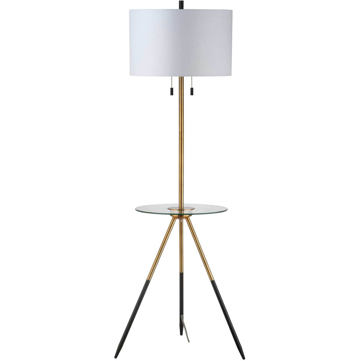 A gold-and-black tripod floor lamp combines a clear glass side table with an off-white fabric shade || FLL4020A || front_studio