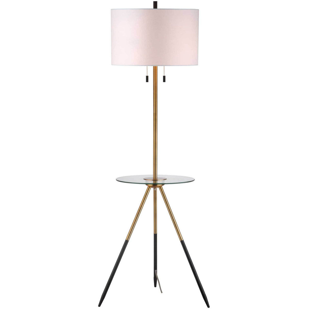 A softly glowing drum shade tops a gold stem, clear glass tabletop, and black-tipped tripod legs || FLL4020A || front_on_studio