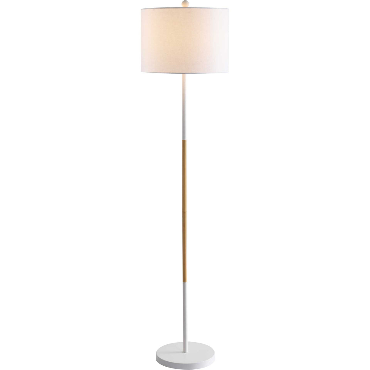 A warm glow shines through the white drum shade above a slim, two-tone stem and round base.