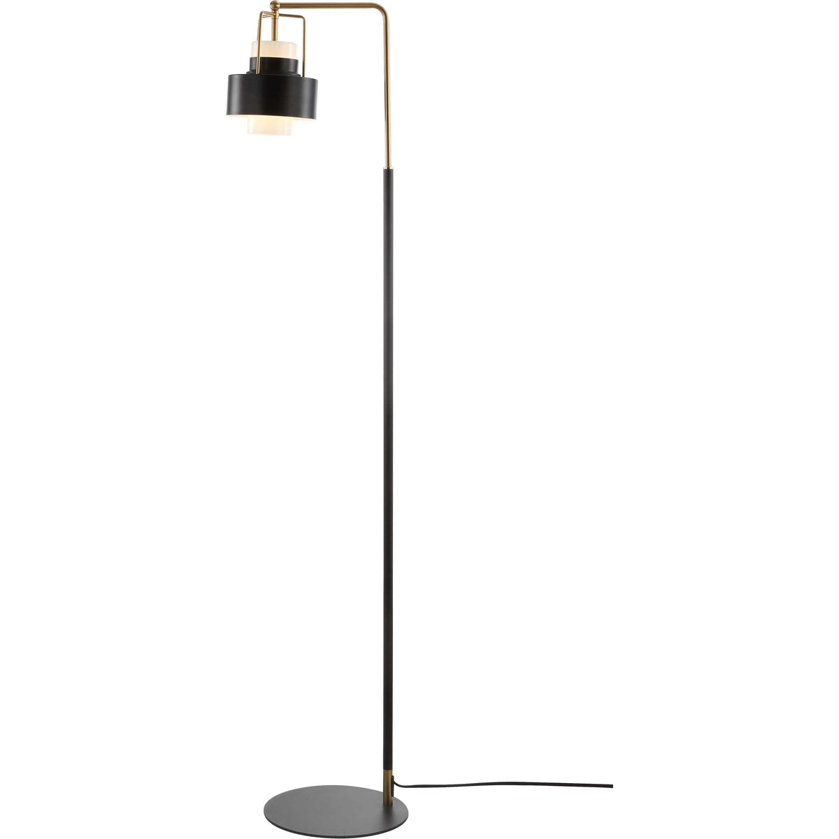 Warm light spills from the black metal shade of a slender floor lamp with a brass arm and round base. || FLL4039A || front_on_studio