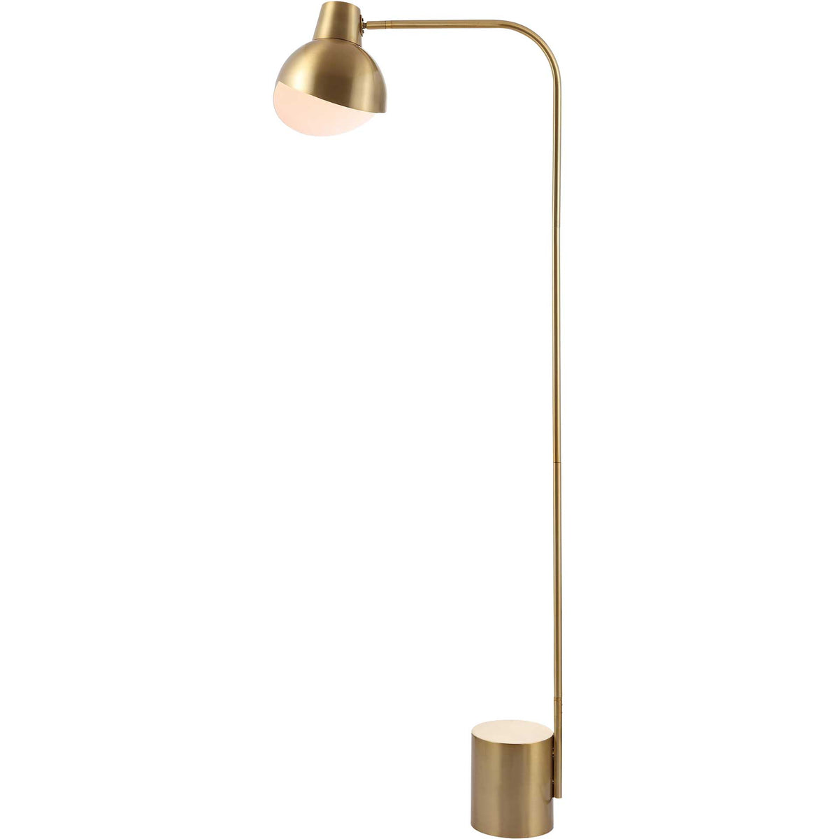 Warm light glows beneath the domed shade of a gold floor lamp with a curved arm