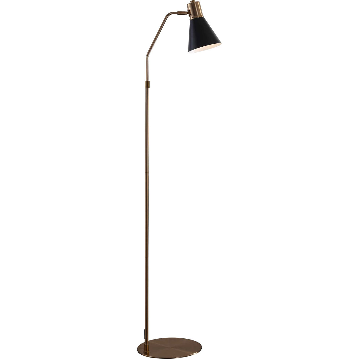A glowing black cone shade tops a slender gold-tone floor lamp with a curved neck.