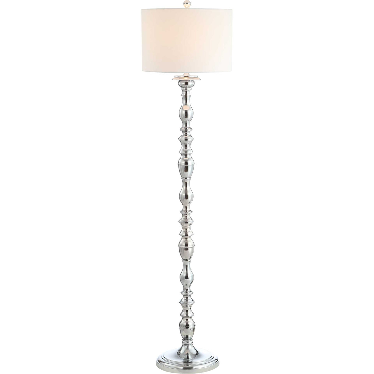 A softly glowing off-white drum shade crowns the sculpted chrome floor lamp