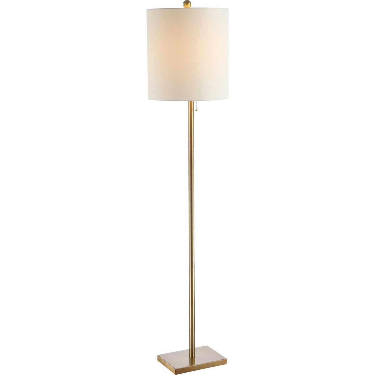 A softly glowing fabric shade crowns a brass-finished floor lamp with a pull-chain switch.