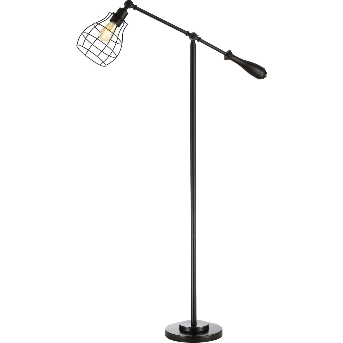 An exposed bulb glows inside the wire cage shade of a sleek black floor lamp