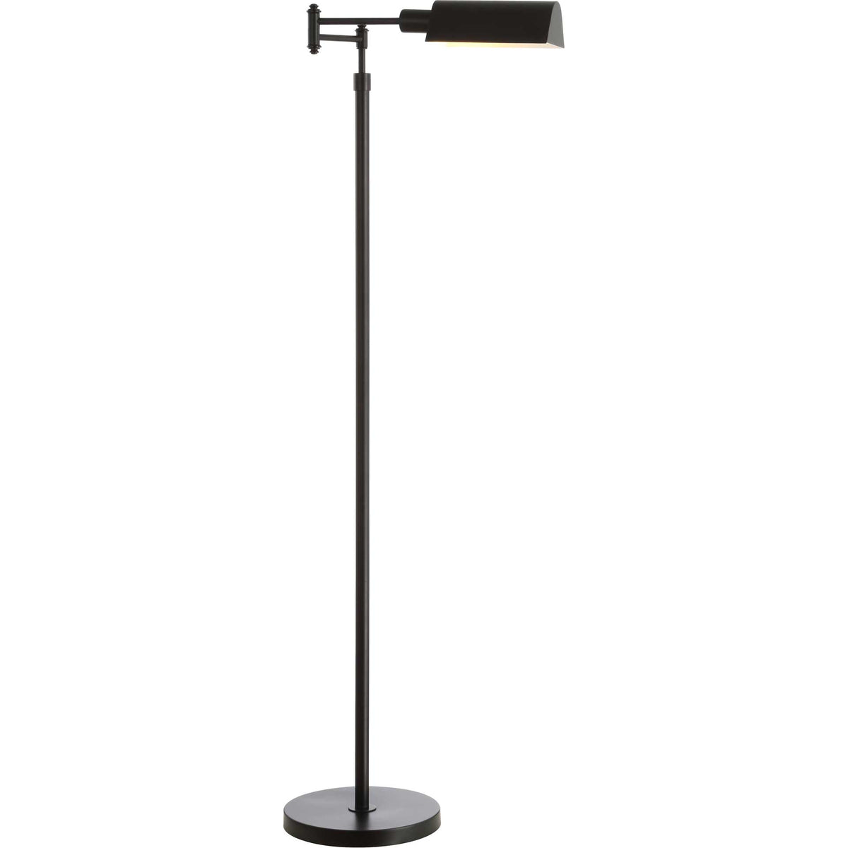 Oil-rubbed bronze floor lamp casts a warm glow from its narrow metal shade