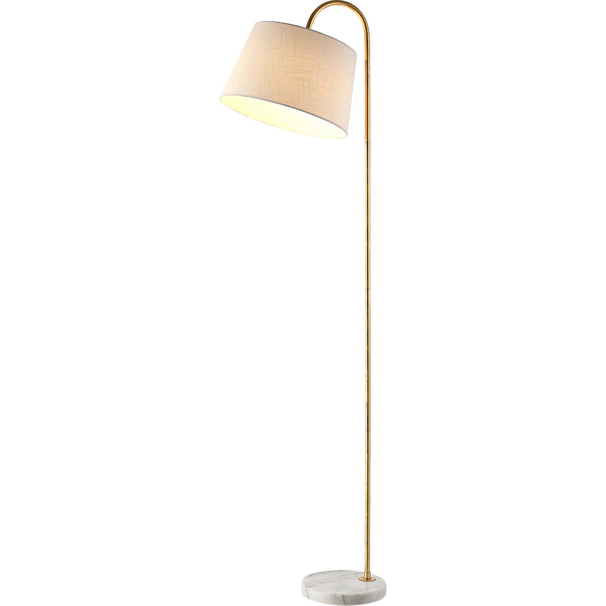 Warm light glows through the off-white shade of a slim gold floor lamp with a marble base