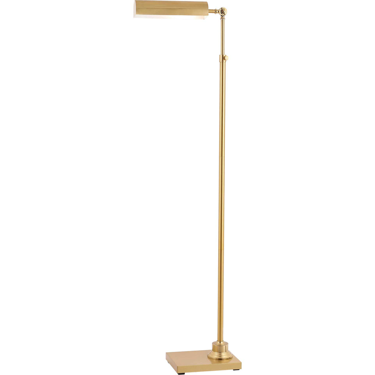 An elongated brass shade casts warm downlight from this slender floor lamp.