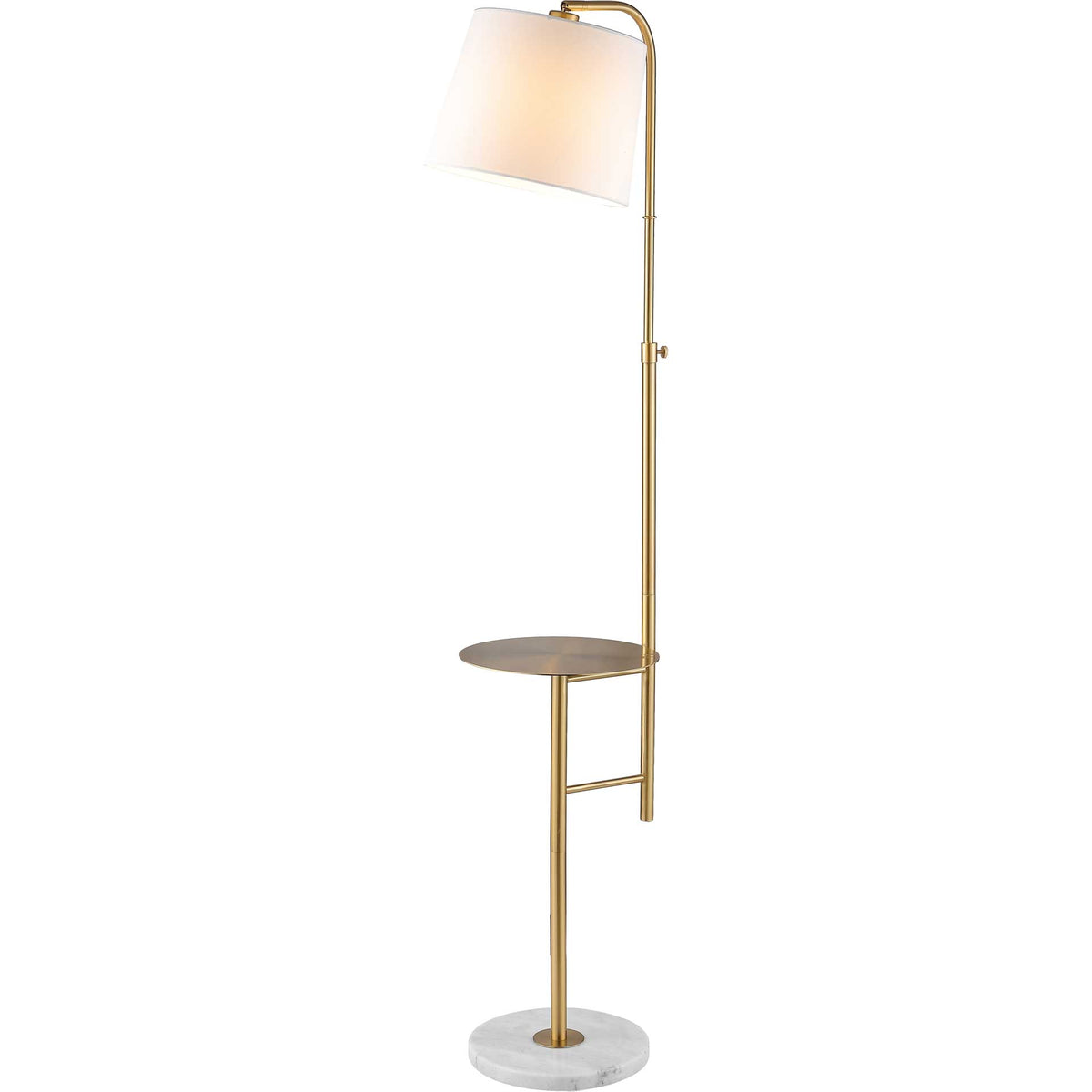 A warm glow shines through the shade of this gold floor lamp with a built-in table