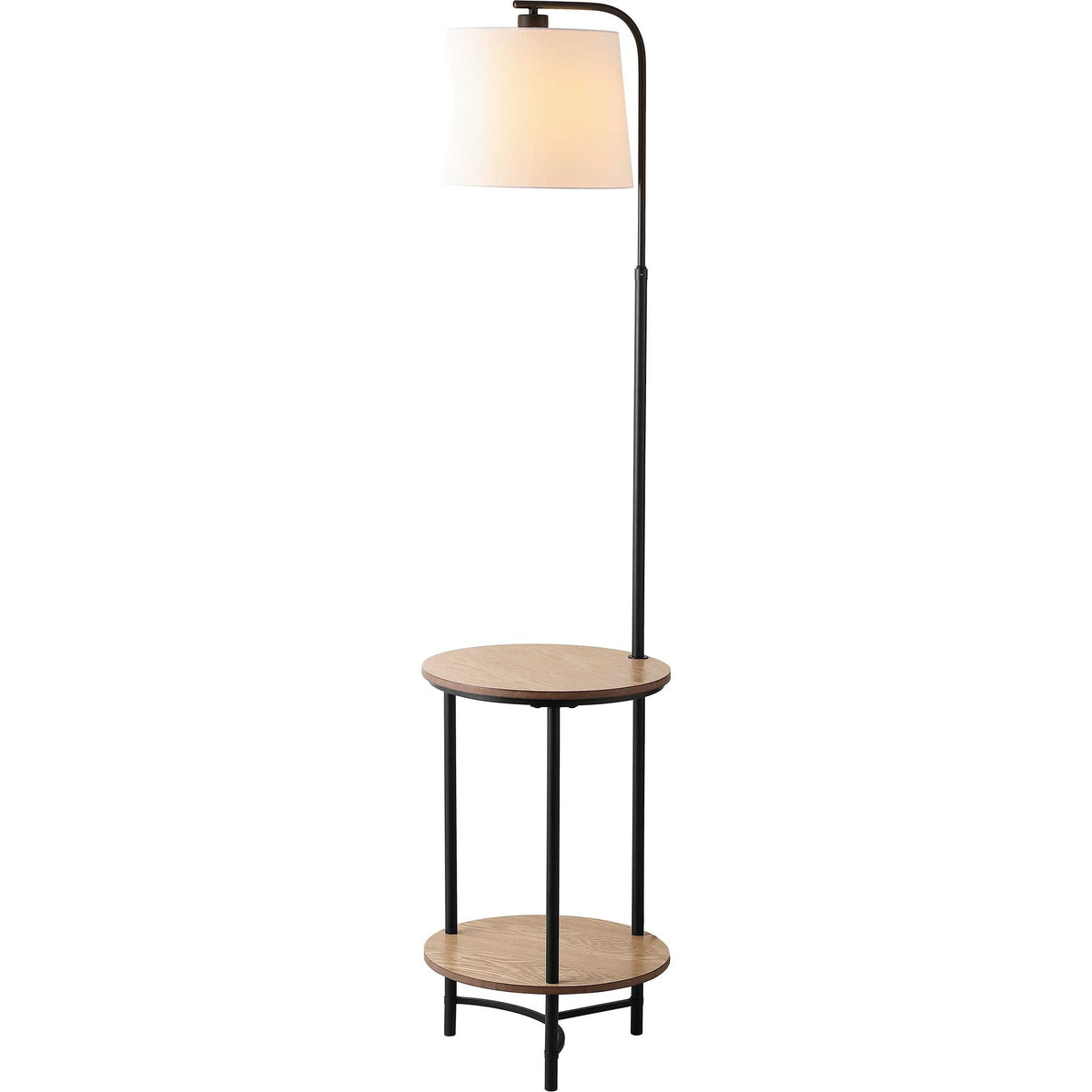 A glowing off-white shade hangs from an arched black arm above two round shelves