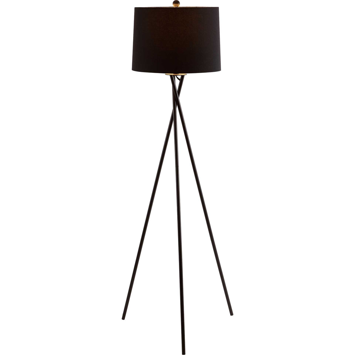 A gentle glow warms the dark fabric shade above a sculptural black tripod base