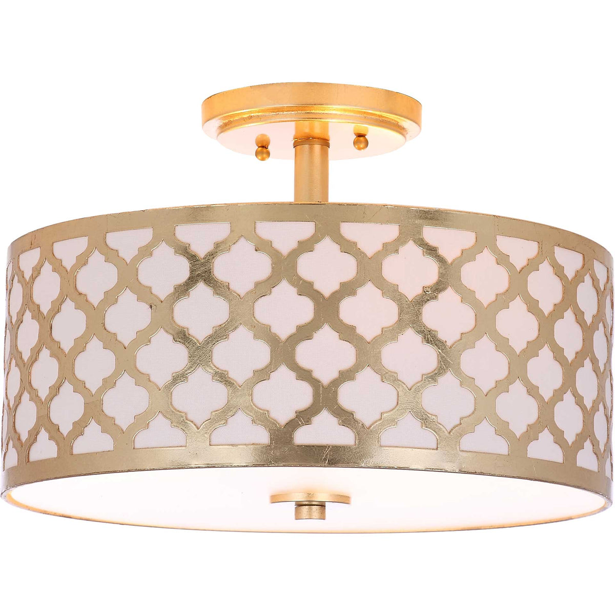 Warm light glows through the quatrefoil-patterned shade and highlights its gold finish