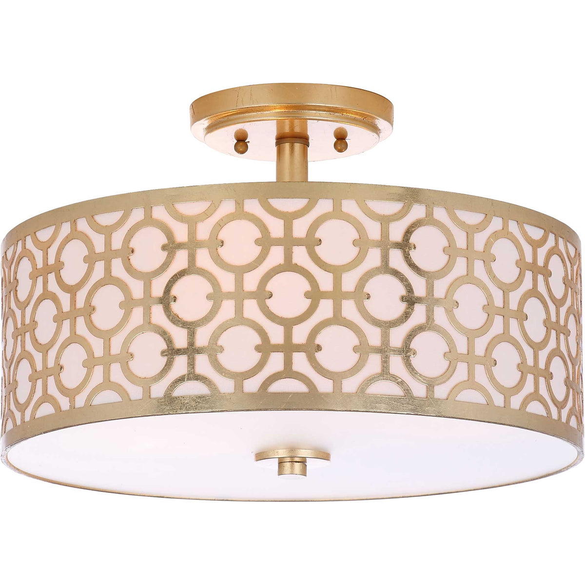 Warm light glows through an off-white shade framed by gold geometric latticework