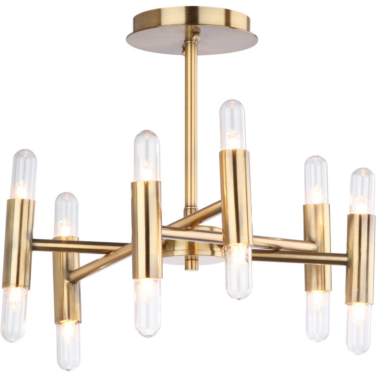 Gold ceiling light with branching arms and glowing tubular bulbs above and below each socket || FLU4008A || front_on_studio