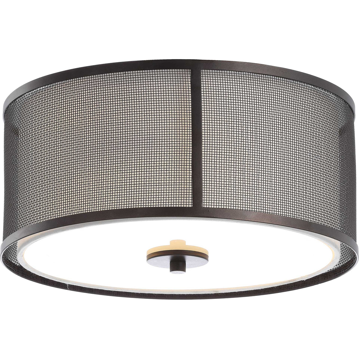 Warm light filters through the dark mesh shade above a white glass diffuser.