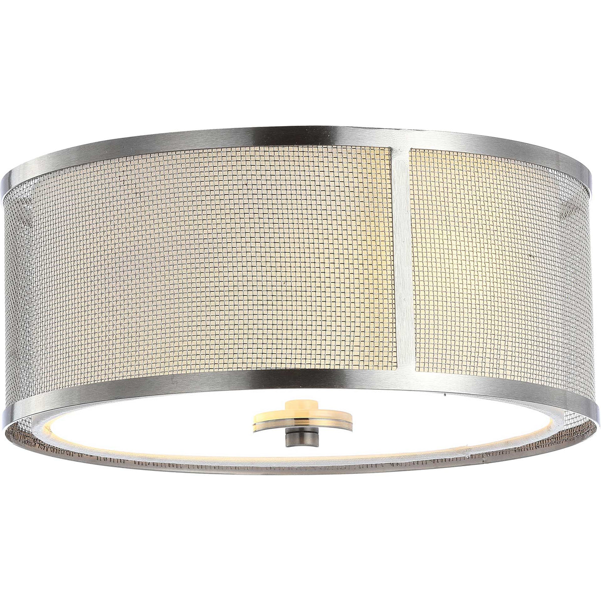 Warm light glows through a textured drum shade and white diffuser framed by silver-toned trim
