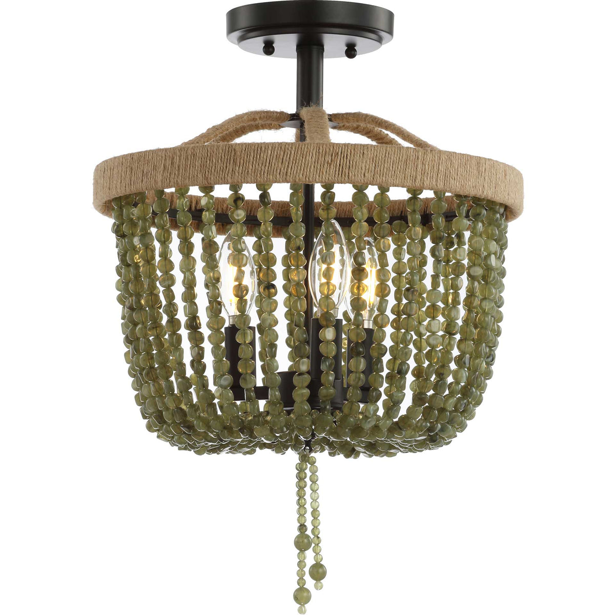 Three glowing candle-style bulbs shine through green stone beads beneath a rope-wrapped rim.