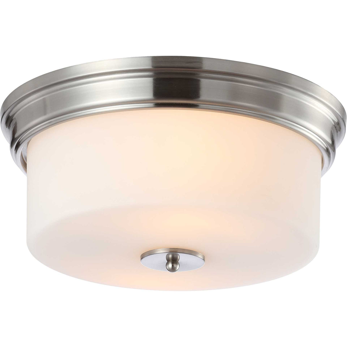Warm light glows through the white glass drum beneath its silver-tone metal canopy.