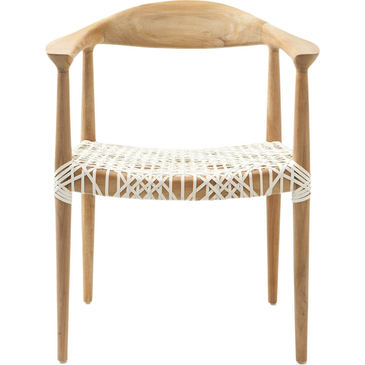 Off-white leather lacing forms an open-weave seat beneath a curved teak back. || FOX1003A || front_studio