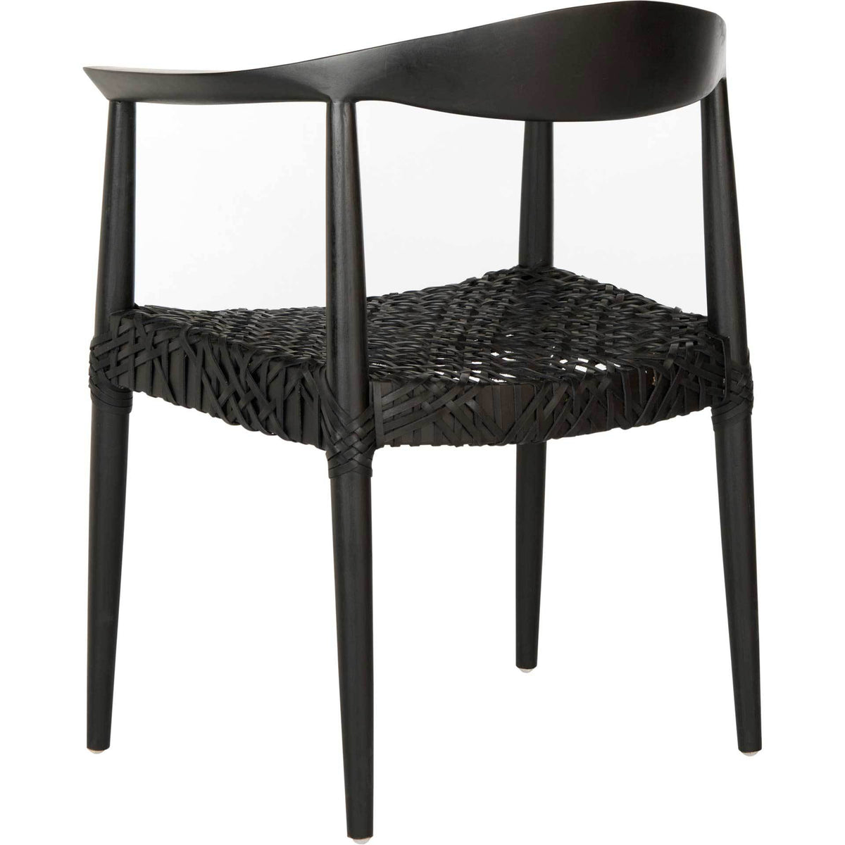 Sculpted black teak back flows into slim arms above a black woven leather seat.