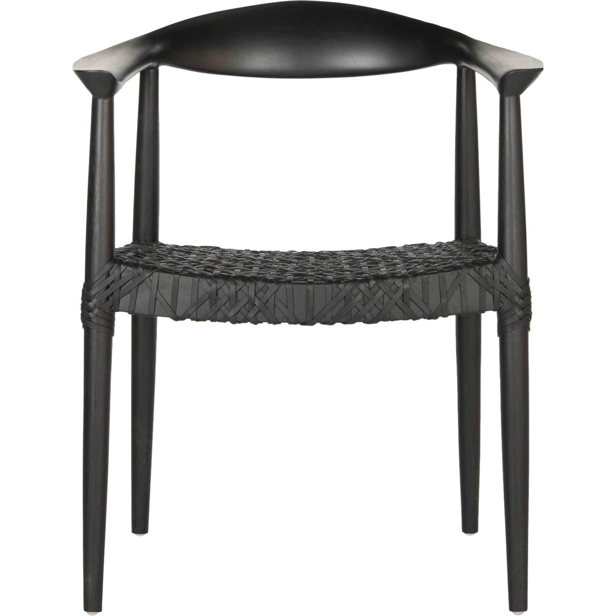 Curved black teak back and slender legs frame a textured woven leather seat. || FOX1003B || front_studio