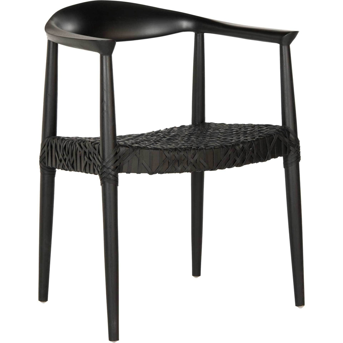 Black reclaimed teak armchair features a sculpted back and a tightly woven leather seat. || FOX1003B || front_angle_studio