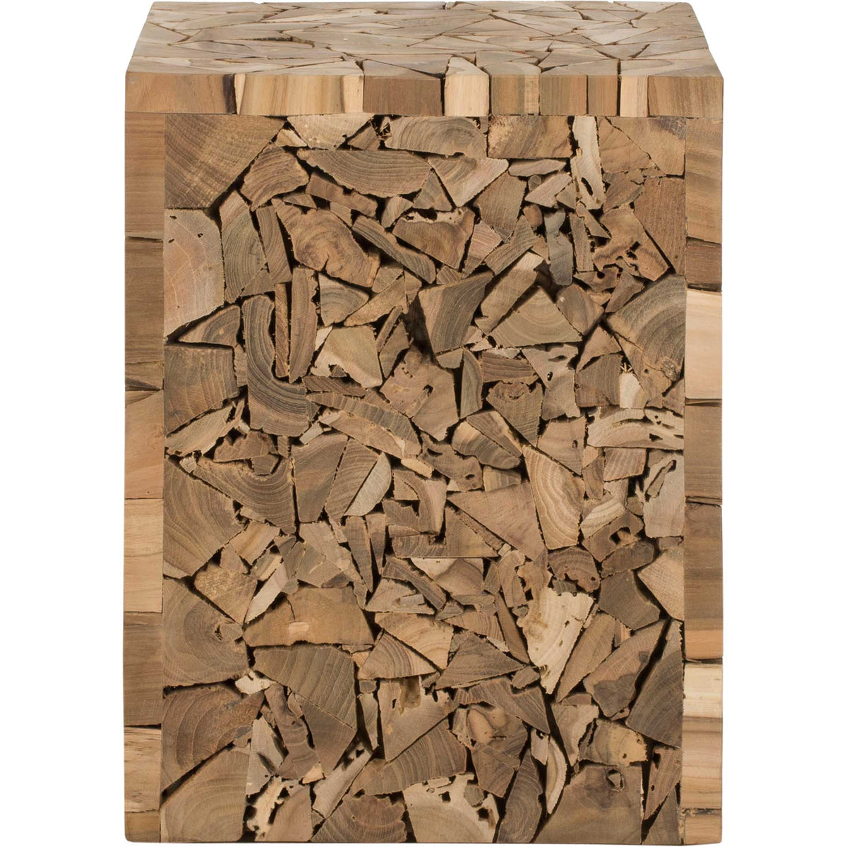A square teak stool features a rustic mosaic of wood chips and a warm medium oak finish. || FOX1007A || front_studio