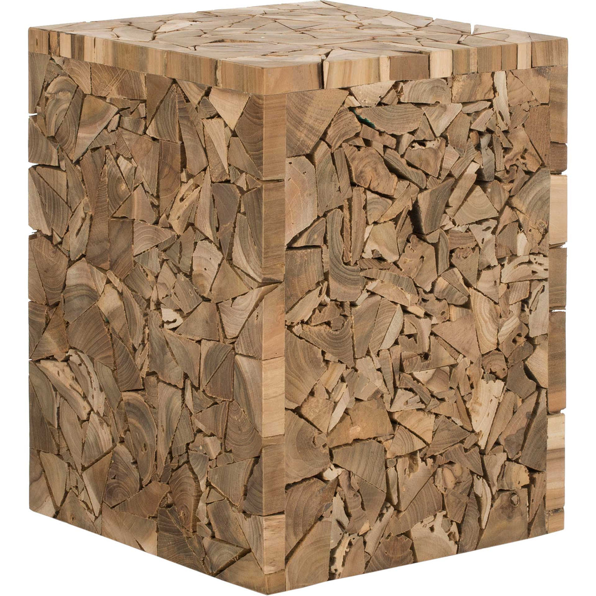 A chunky reclaimed teak stool doubles as a side table, with irregular wood pieces wrapping its square form. || FOX1007A || front_angle_studio