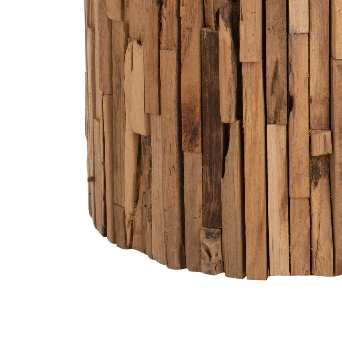 Reclaimed teak slats extend to the stool's base for a rugged, sculptural look